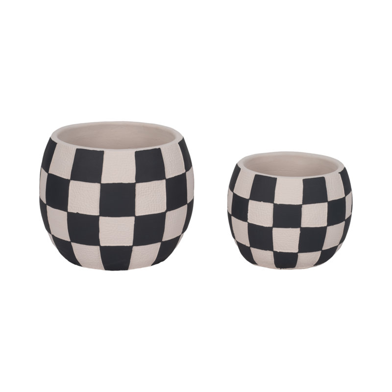 Sagebrook Home 8" Checkerboard Rounded Planter, Black/White, 7" H x 8" W x 8" D