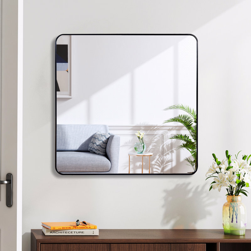 Metal Framed Square Bathrrom Mirror, Square, Black, 30" x 30"