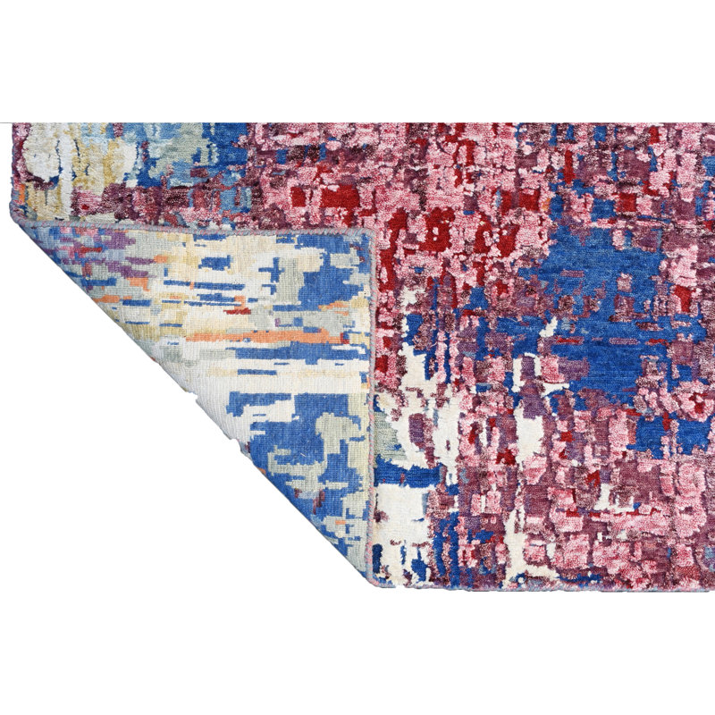 Hand Knotted Abstract Area Rug in Turquoise/Red/Gray/Pink, Rectangle 8' x 10'