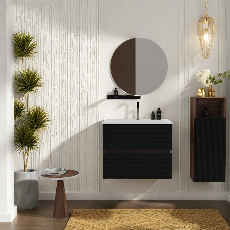 Meuble-lavabo moderne en bois noir doux avec lavabo intégré, conception flottante peu encombrante