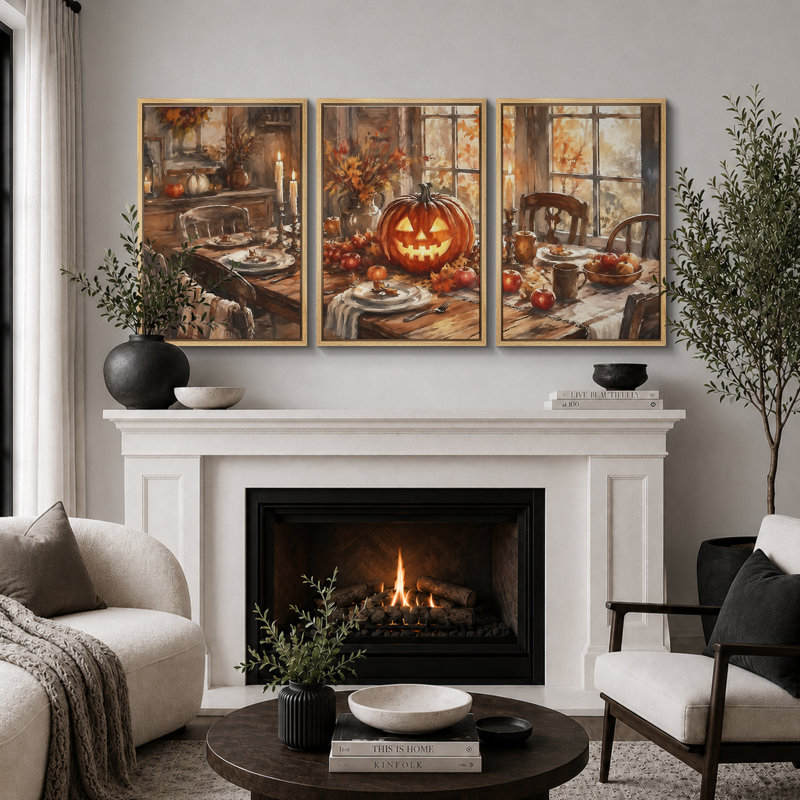 «Rustic Jack O Lantern», art de la salle à manger, photos de la salle à manger, impression sur toile encadrée, impression sur toile, 3 pièces