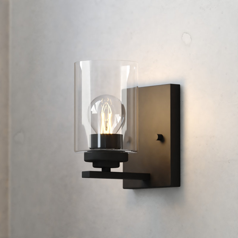 Hitchin Transitional Bathroom Vanity Lighting Fixture, Clear Glass Cylinder Shade, Dimmable, LED Compatible, Reversible Over The Mirror Mounted Steel Wall Sconce