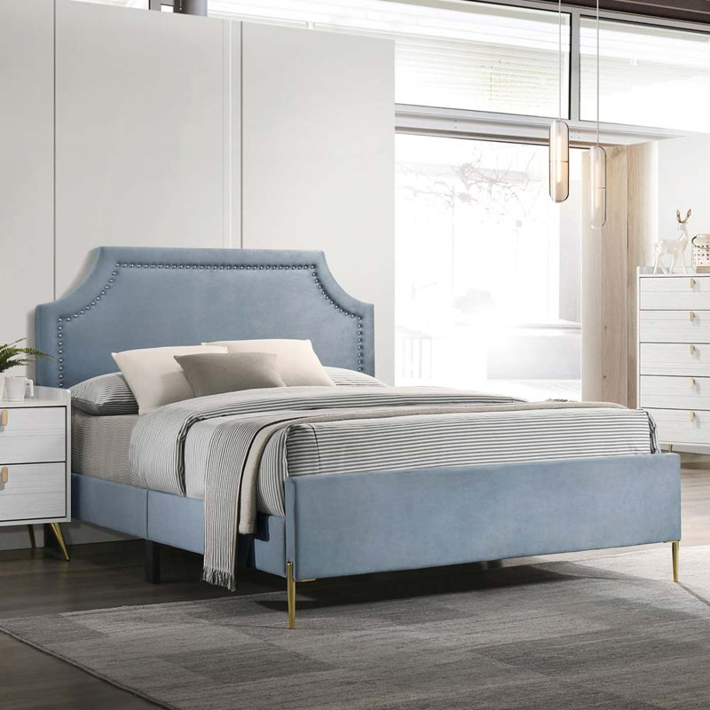 Grand lit, velours bleu clair, Full/Double