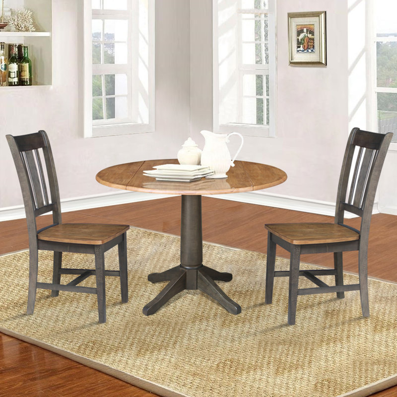 Everton 3 Piece Drop Leaf Solid Wood Dining Set, Hickory/Washed Coal