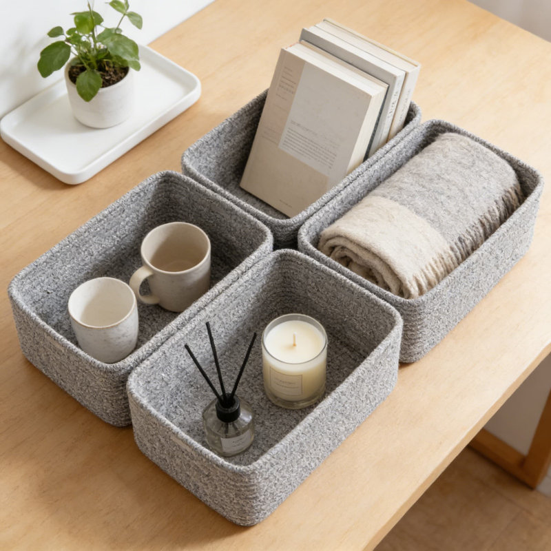 Woven Storage Baskets Set Of 4, Cotton Rope Organizer Bins For Shelves, Decorative Baskets For Living Room, Nursery, Bedroom, Books, Toys, And Clothes
