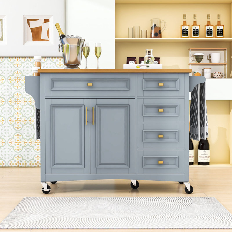 Kitchen Island Cart with Extendable Drop Leaf, Spice & Towel Racks and Adjustable Shelves, Gray Blue
