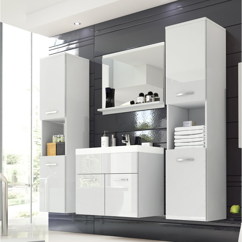 Belz Bathroom Storage Furniture Set, White And White High Gloss