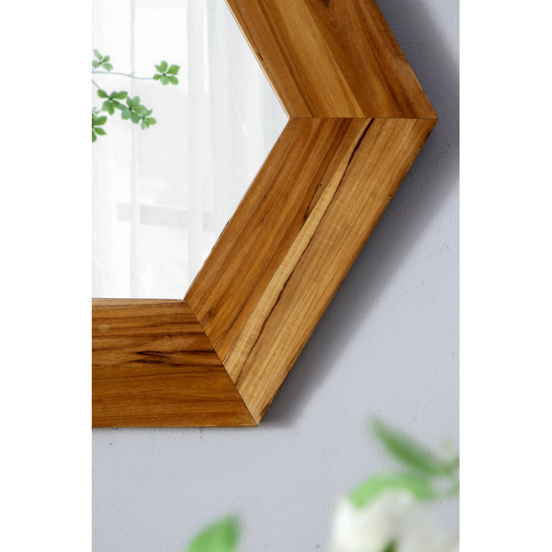 Miroir hexagonal avec cadre en bois, miroir de décoration murale pour le couloir de la salle de bain du salon, Naturel