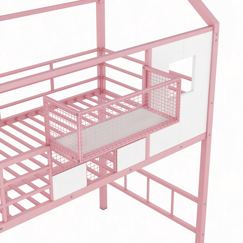 Lit mezzanine en métal avec toit et boîte de rangement
