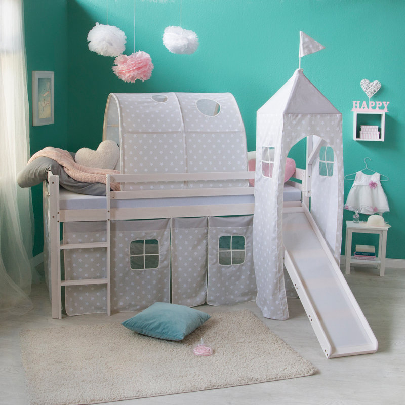 Ellicott mid-loft bed, 90 x 200 cm, White, Premium plus (slide, curtain, tunnel and tower)