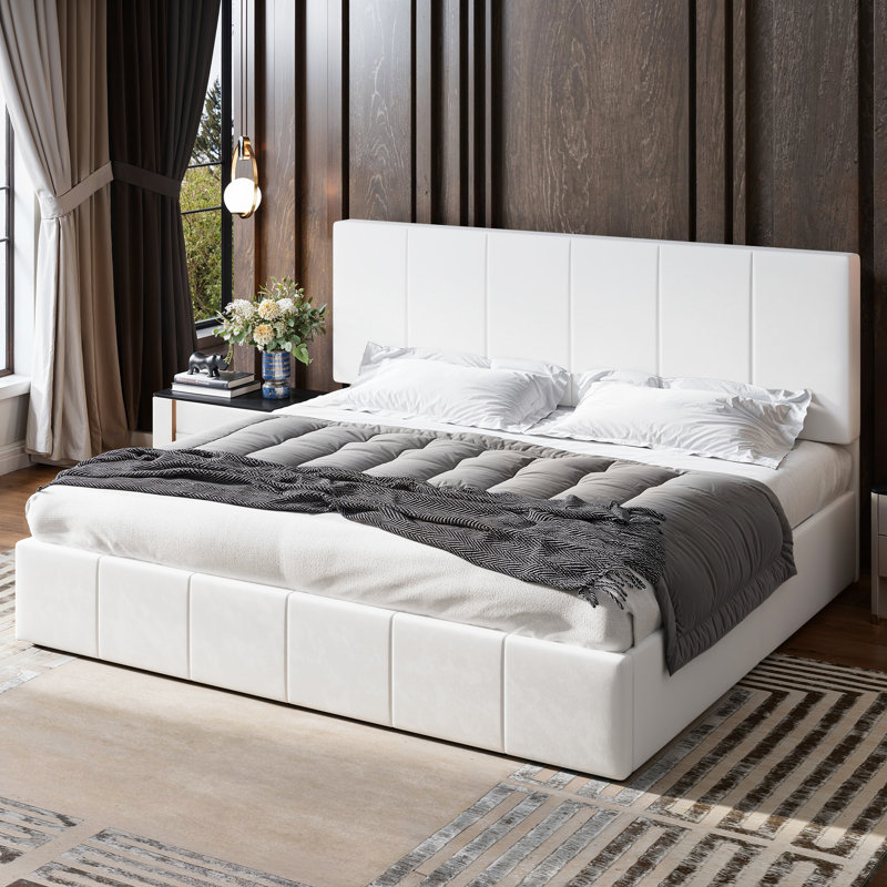 Hydraulic Lift Up Storage Velvet Upholstered Platform Bed, White, King