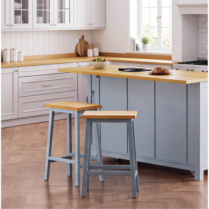 Ensemble de 2 tabourets de bar en bois massif K&K, hauteur de 25,6 po, hauteur de comptoir avec repose-pieds, gris bleu