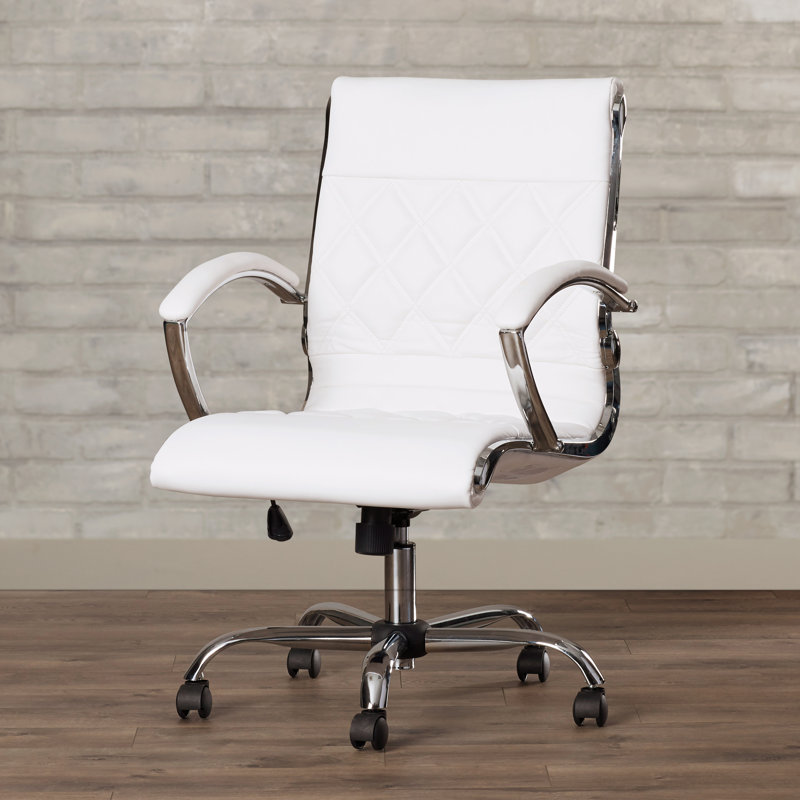  Mid-Back Designer LeatherSoft Executive Swivel Office Chair w/Chrome Base and Arms, White