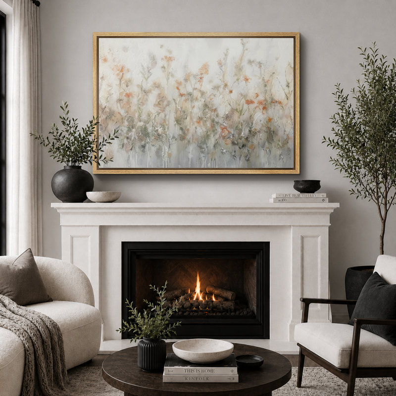 Œuvre abstraite botanique neutre avec formes florales douces, images de salon, impression sur toile encadrée