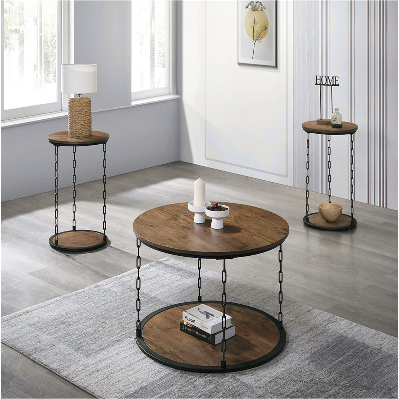 Ensemble de table rustique 3 pièces à finition naturelle Table basse 1X Table de bout 2X, Naturel