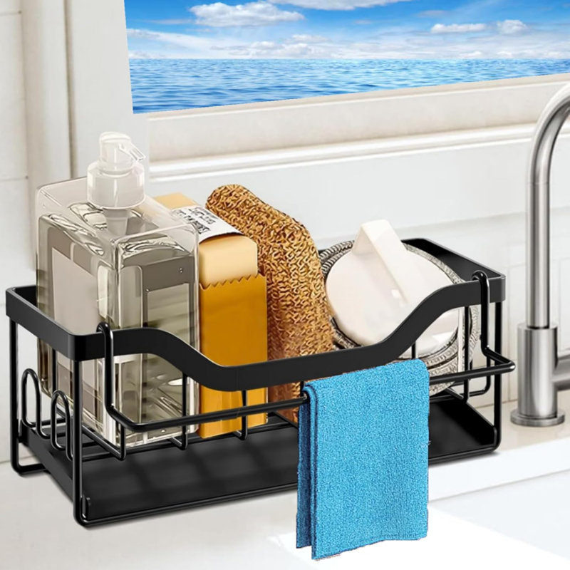 Organisateur de chariot d'évier de cuisine avec plateau à vidange automatique, barre à serviettes amovible, éponge en acier inoxydable et porte-savon pour le rangement sur le comptoir