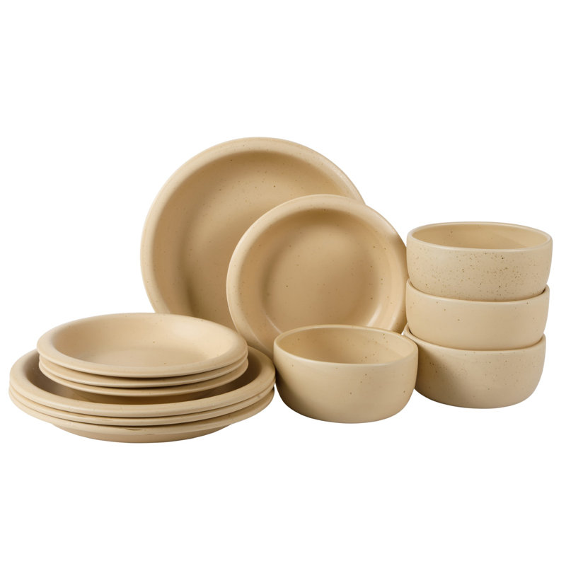 Bloomhouse Corcisa Clay 12 Piece Stoneware Reactive Glaze Dinnerware Set - Prosecco Blush Pink, Beige