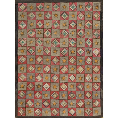 Squarish Antique American Geometric Folk Art Star Design Hooked Rug
