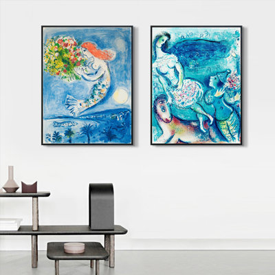 Ensemble de 2 tableaux encadrés, reproductions giclées sur toile, d'après Marc Chagall (Série n° 01), pour la décoration du salon, de la maison ou du bureau (cadre noir fin, 45,7 x 61 cm chaque pièce).