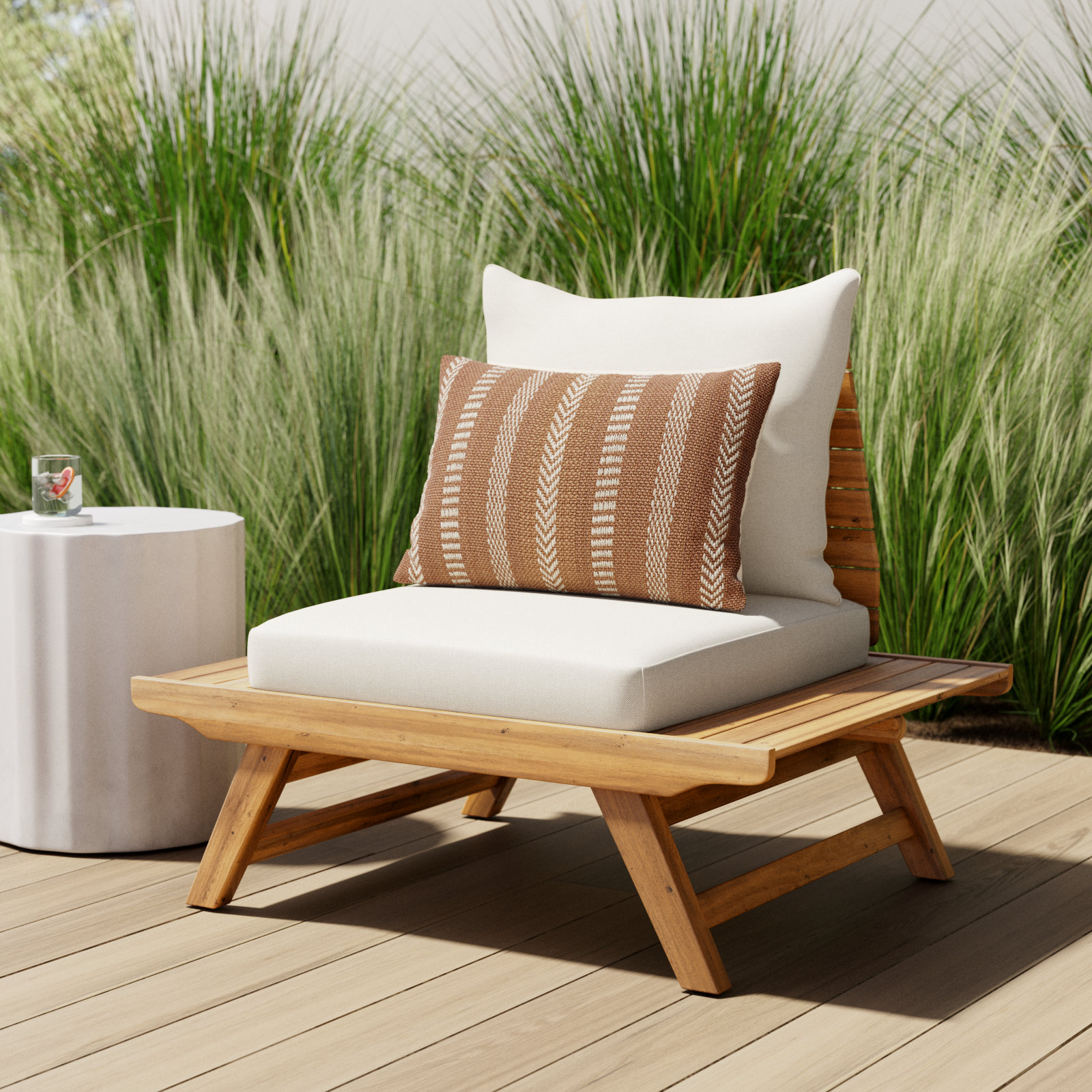 Acacia Outdoor Armless Lounge Chair, Teak Frame/White Cushion