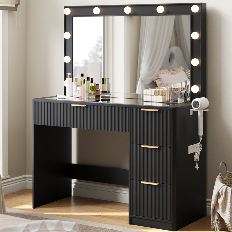 36.2" W Modern Vanity Desk With 4 Drawers, Led Lighted Mirror & Power Outlets, Black, Black