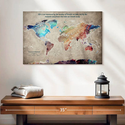Personalized Moments And Places Push Pin World Map - Horizontal Canvas - Living Room Wall Decor - Digital Map Canvas Art - Beige And Blue Decor - 60" x 40"