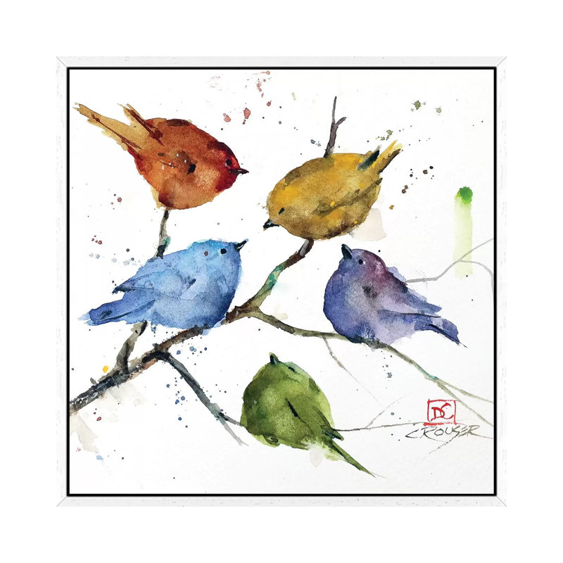 Five Birds In A Tree by Dean Crouser - Print on Canvas, White Framed, 45.72 cm H x 45.72 cm W