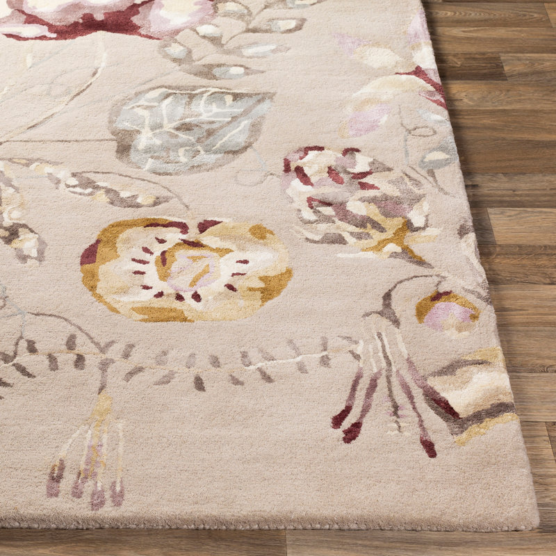 Tapis floral touffeté à la main beige / brun clair / rose, Rectangle 2 pi x 3 pi