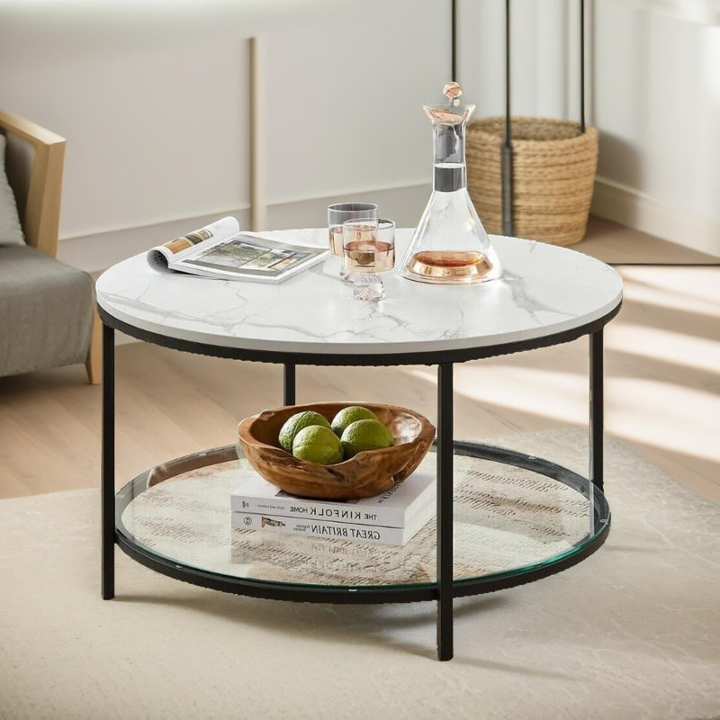 Omaya 2 Tier Round Marble Four Leg Coffee Table with Glass Shelf Living Room