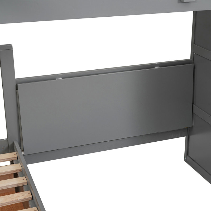 Lit superposé en L avec 3 tiroirs, bureau portable et garde-robe, Gris