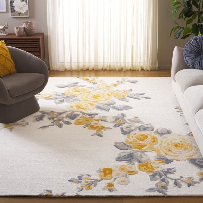 Jardin Hand Tufted Wool/Cotton Floral Rug in Ivory/Gold, Rectangle 8' x 10'