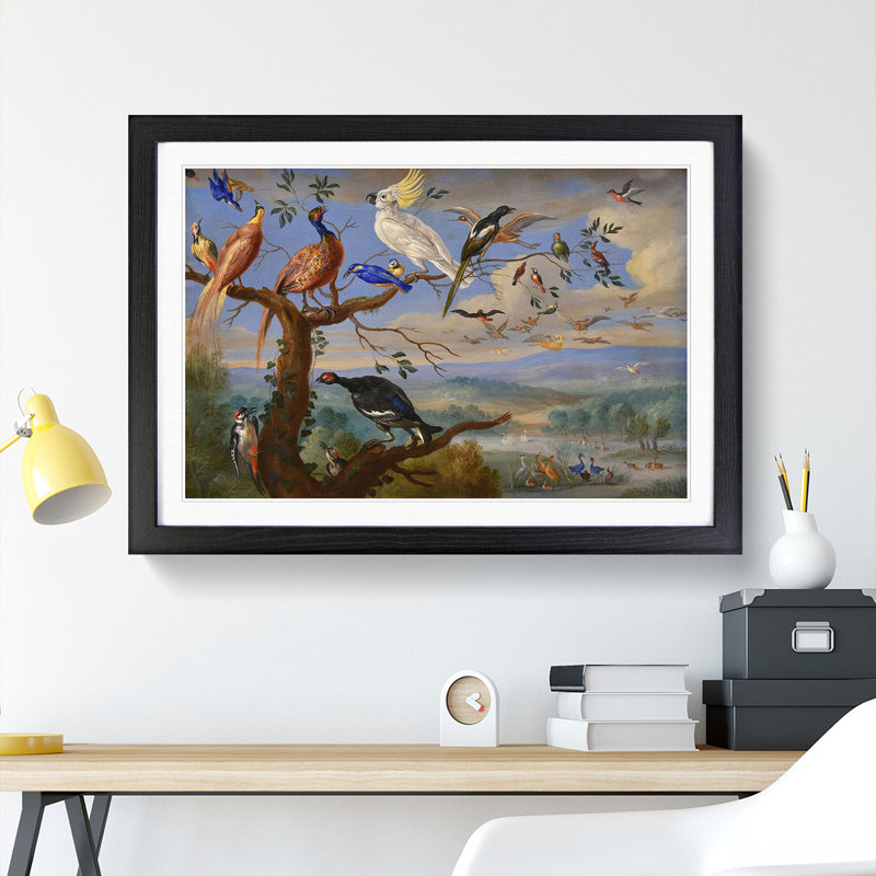 Exotic Birds by Jan Van Kessel - Picture Frame Painting, 27cm H x 36cm W x 2cm D, Black Framed