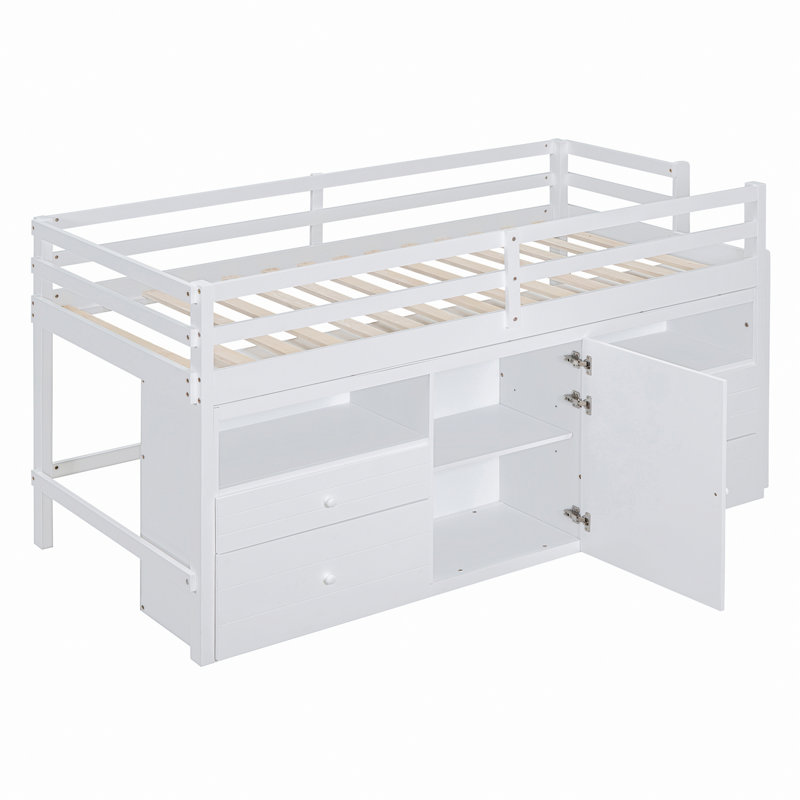 Lit mezzanine avec tablettes et 4 tiroirs, Blanc