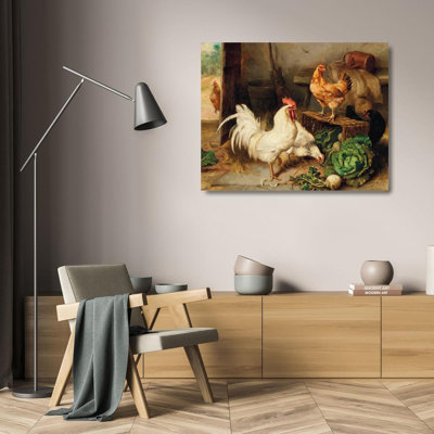 "Chickens and Cockerel in a Barn" by  Edgar Hunt - Gallery Wrap Canvas Wall Art