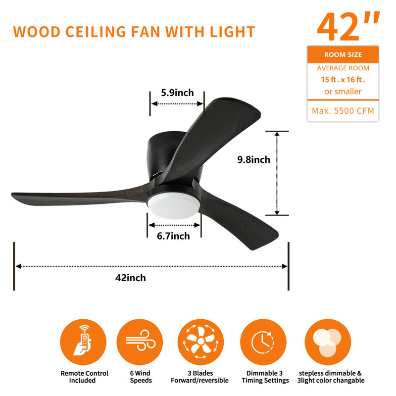 42" Solid Wood Ceiling Fan With Light-Flush Mount, Dc Motor (Dark Purple Walnut), Black, Black