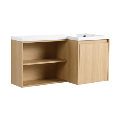 36" Corner Floating Bathroom Vanity with Resin Gel Coat Integrated Sink, L-Shaped Wall-Mounted Vanity, Light Oak Finish, Soft-Close Door & Open Shelves, Space-Saving Modern Vanity (Ships in 2 Boxes)