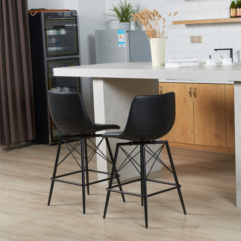 Senetra Oconnor 360° Swivel Faux Leather 26'' Counter Stool (Set of 2), Black