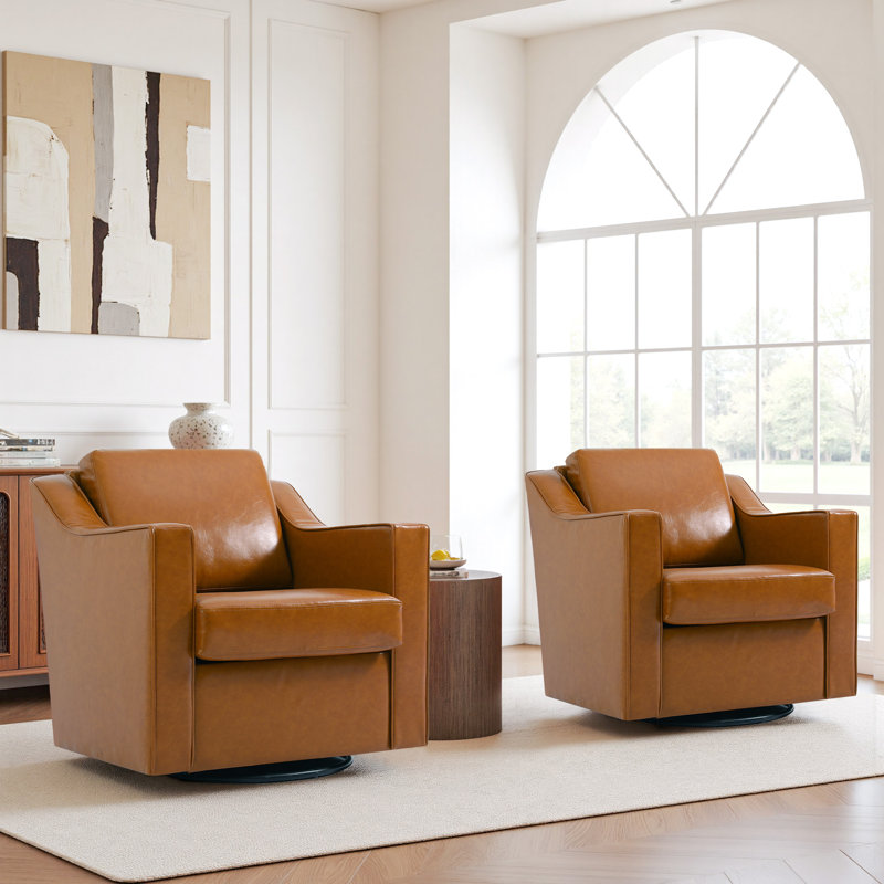 Bronnen Big And Wide Upholstered Light Brown Faux Leather Cushion Swivel Armchair with Removable Back and Seat Cushion (Set of 2)