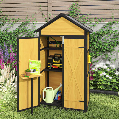 Remise à outils de 69 pouces de hauteur, toit imperméable, table pliable, remise extérieure avec crochets de rangement supplémentaires avec établi, tablettes amovibles pour le jardin