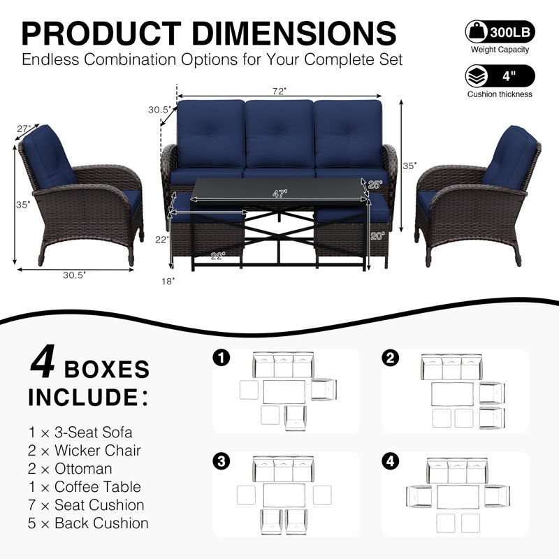 Ensemble de patio extérieur en osier pour 5 personnes avec canapé, chaises, repose-pieds, table basse et coussins bleus, Bleu
