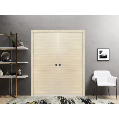 Modern Double Pocket Doors Planum 0010 Natural Veneer Kit Trims Rail Hardware Solid Wood Interior Bedroom Sliding Closet Sturdy Door 72" x 80" (2* 36x80)