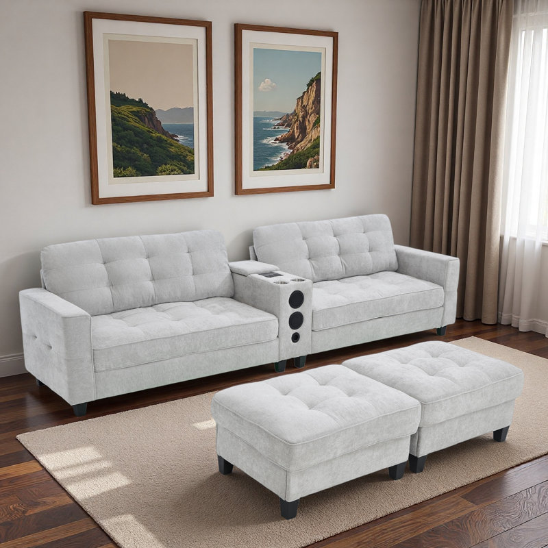 Modern U-shaped Sectional With Movable Storage Ottomans, Multifunctional Console, Bluetooth Speakers And Led Lights