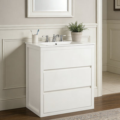 Meuble-lavabo de 30 po avec lavabo en céramique et 2 tiroirs pleine extension, meuble-lavabo autoportant avec poignée libre à 45 °, doux