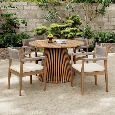 Lilan Outdoor 5-Piece Acacia Wood Dining Set With Woven Rope & Cushions by George Oliver