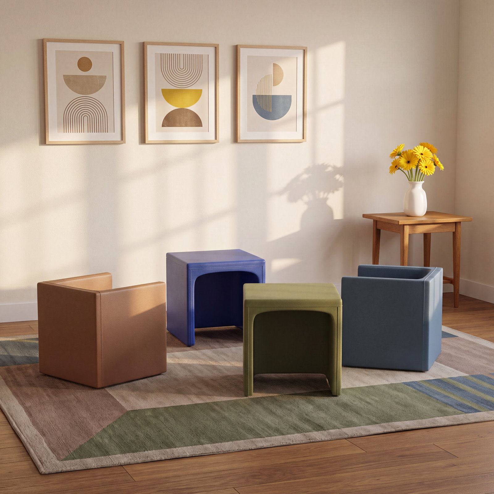 3-in-1 Kids Cube Chair, Green/Blue/Brown