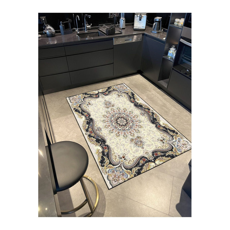Tapis décoratif crème crème à motif tissé moderne lavable à la machine, Sous-tapis carré 3 pi 3 po inclus