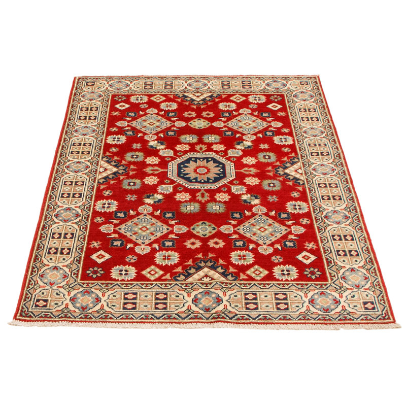 Tapis rouge / jaune en laine noué à la main de conception unique 4 pi x 5 pi 9 po Monquel