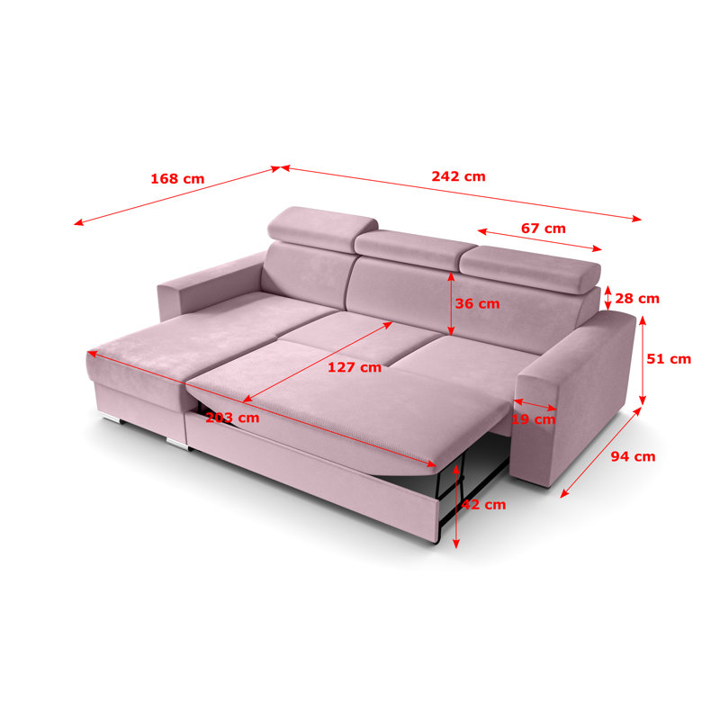 Philbert Corner Sofa Bed, Pink Polyester, Left Hand Facing