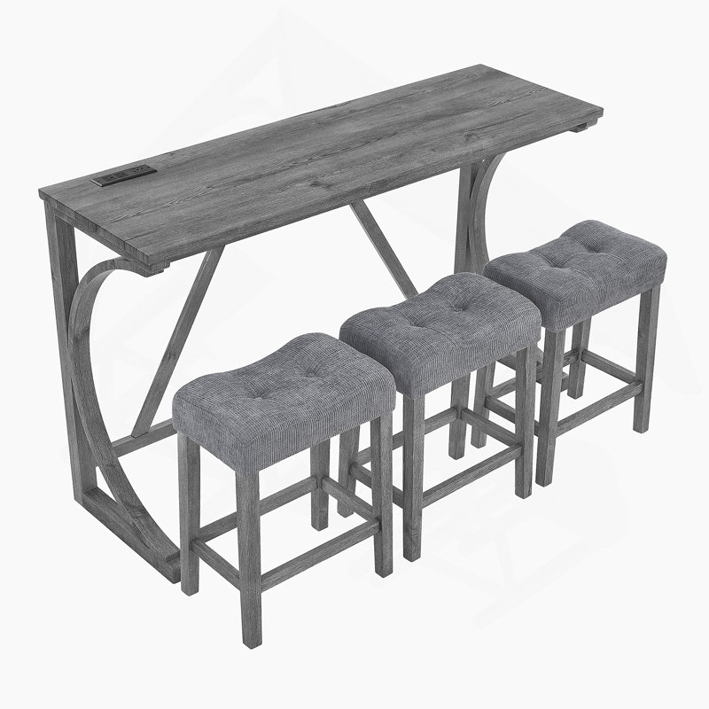Ensemble de table et de chaises 4 pièces, table de salle à manger étroite avec prise de courant, 3 tabourets rembourrés, Gris