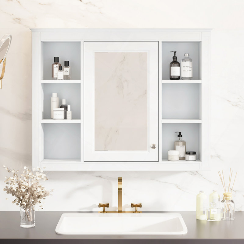 Armoire de salle de bain, armoire à pharmacie, armoire de rangement murale, armoire de salle de bain moderne avec miroir, armoire à miroir avec 6 tablettes ouvertes (meuble-lavabo non inclus)